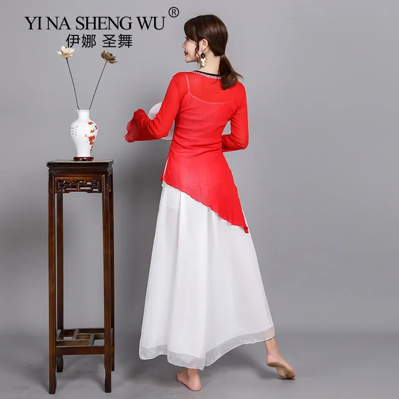 Damski strój do tańca chińskiego, strój ludowy, klasyczna koszula z gazy, elegancki długi rękaw, taniec brzucha, orientalny etniczny strój do ćwiczeń.