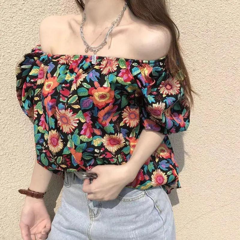 Fashion Slash Neck Printed Sexy Puff Sleeve T-Shirts Women\'s Clothing 2024 Summer New Loose Casual Tops Sweet Tee Shirt