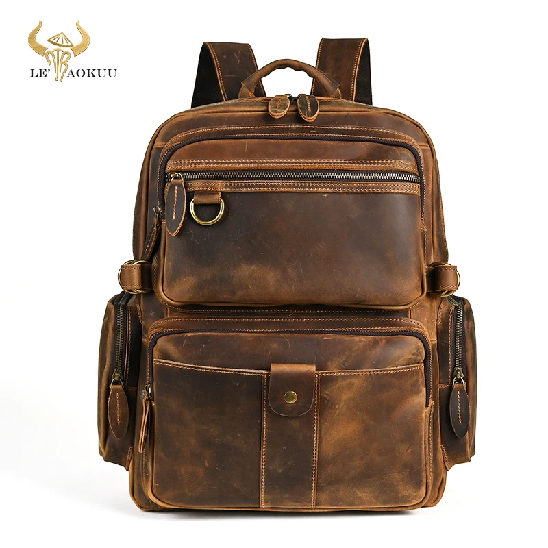 

Men Thick Crazy Horse Leather Vintage Travel University College School Book Bag Designer Male Backpack Daypack Laptop Bag 2086