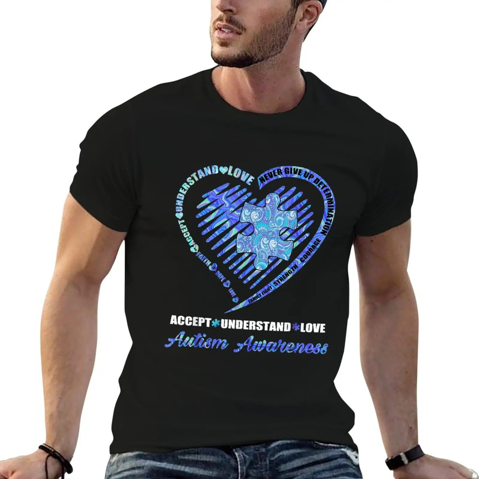 Accept Understand Love Heart Puzzle T-Shirt No Iron Casual Short Sleeve Top