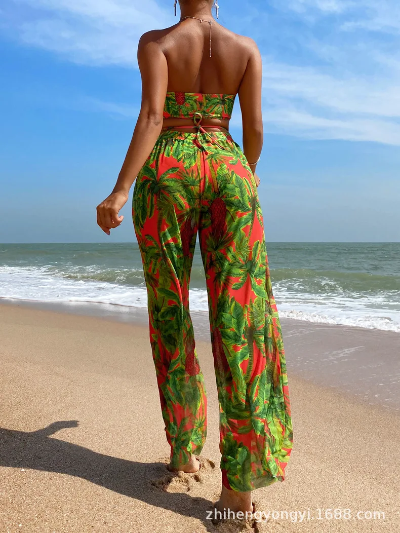 Bikinis Sets Summer Print Pants Swimwear Halter Micro Thong Three Piece Women Textured Swimsuits String Bathing Suits Beachwear