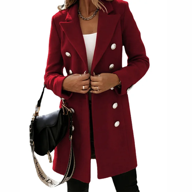 Autunno Inverno Lungo Sve Colletto del vestito Cappotto in pelliccia sintetica con doppio bottone Cappello stampato in materiale misto cotone per vento da donna
