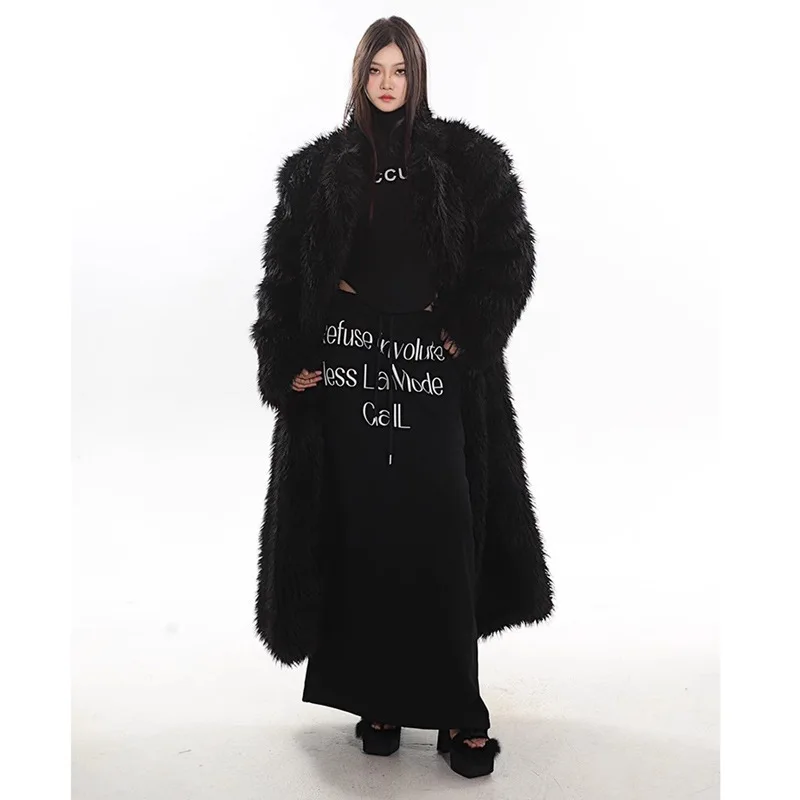 Winter Big Size Fluffy Fur Coat Women Long Black Faux Fur Jacket Luxury Design Long Faux Fur Coat Streetwear Windproof Jackets