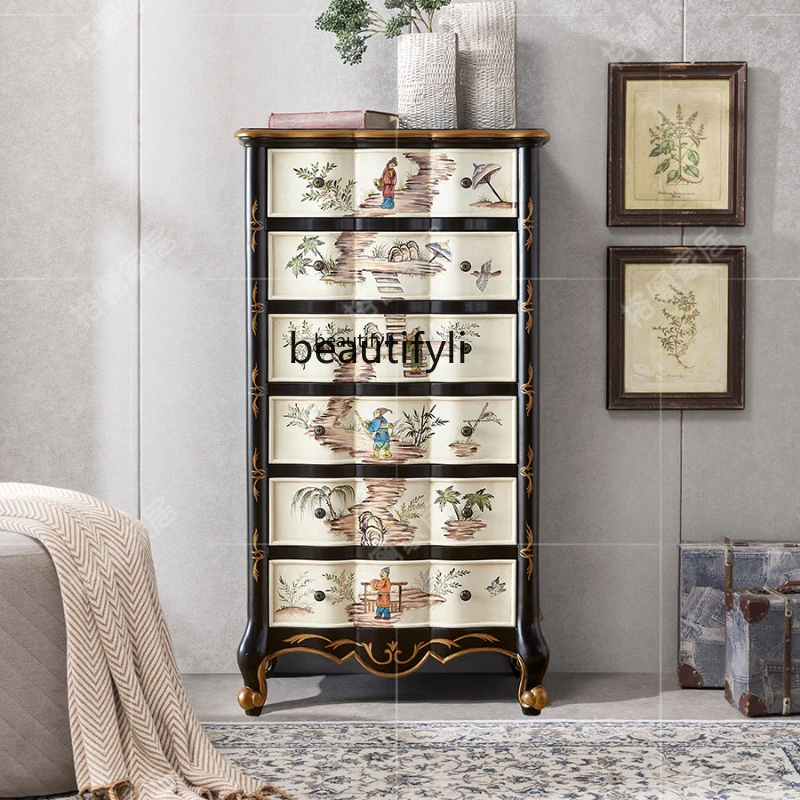 

American Style Chest of Drawers Solid Wood French Painted Living Room Storage TV Side Cabinet New Chinese Style