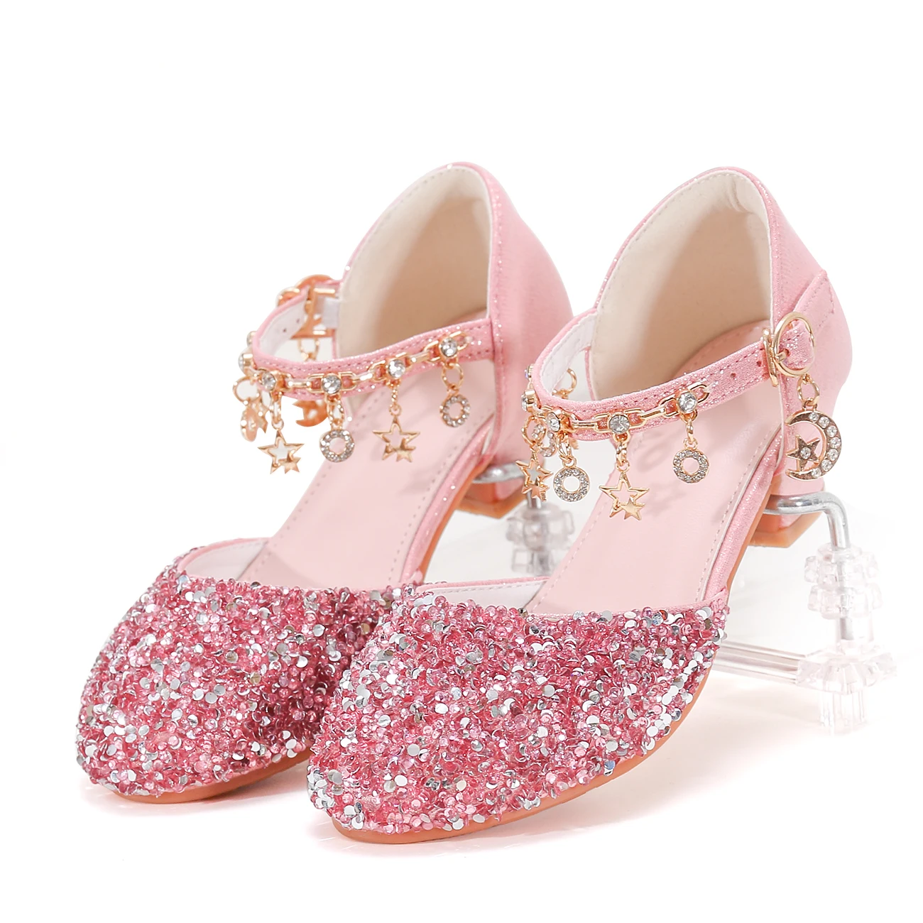 Girls' Princess Style High Heel Shoes With Shiny Star Pendant Decoration, Suitable For Dress And Birthday Party