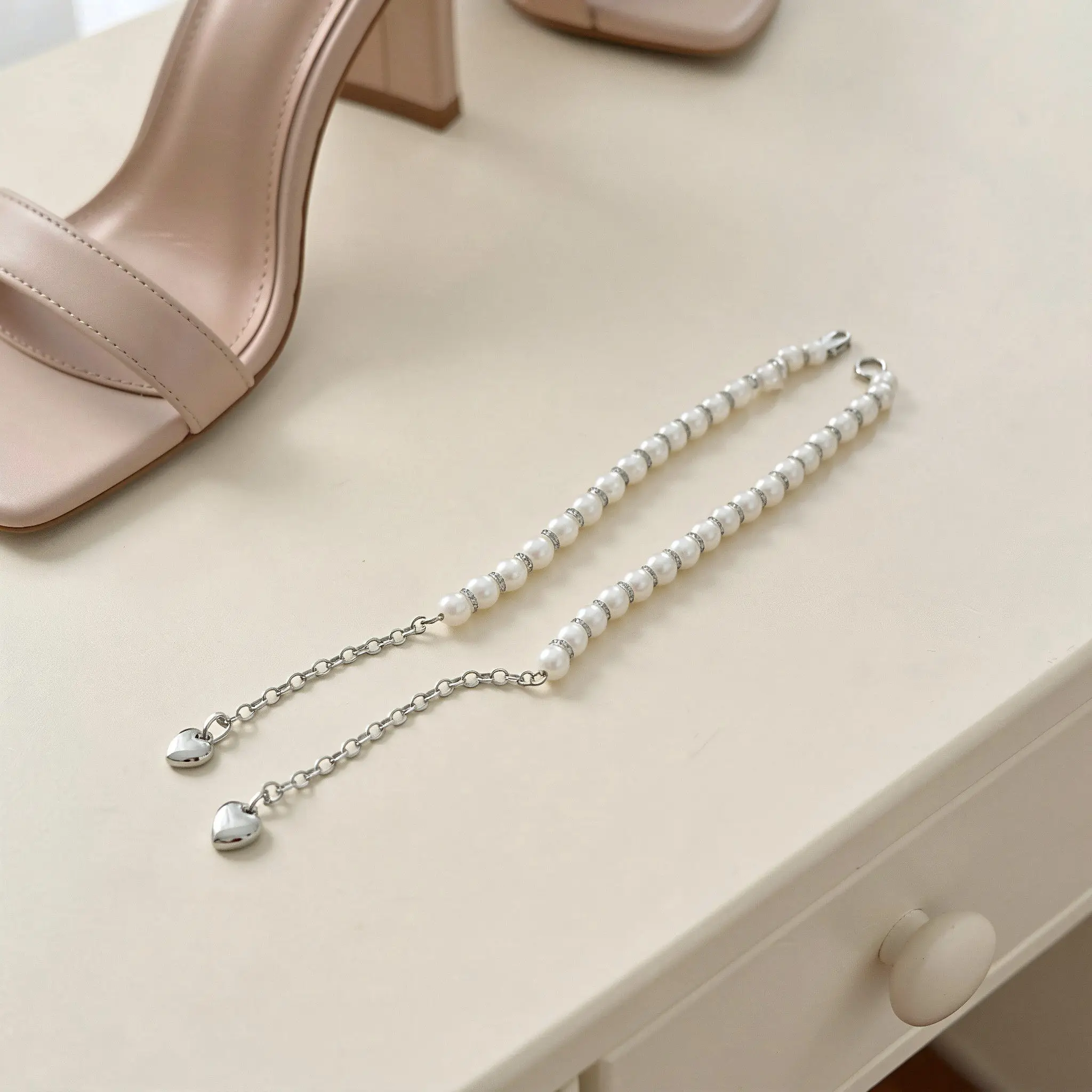 1Pair High Heel Decoration Accessories Pearl Shoe Straps Detachable Ankle Chain Heels Strap for Wedding Party Everyday