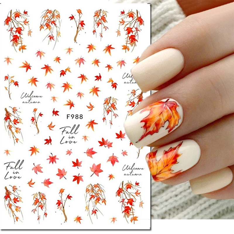 

Nail Art Decals Autumn Winter Geometric Lines Maples Dry Leaves Flowers Nail Stickers Decoration For Nail Tips Beauty