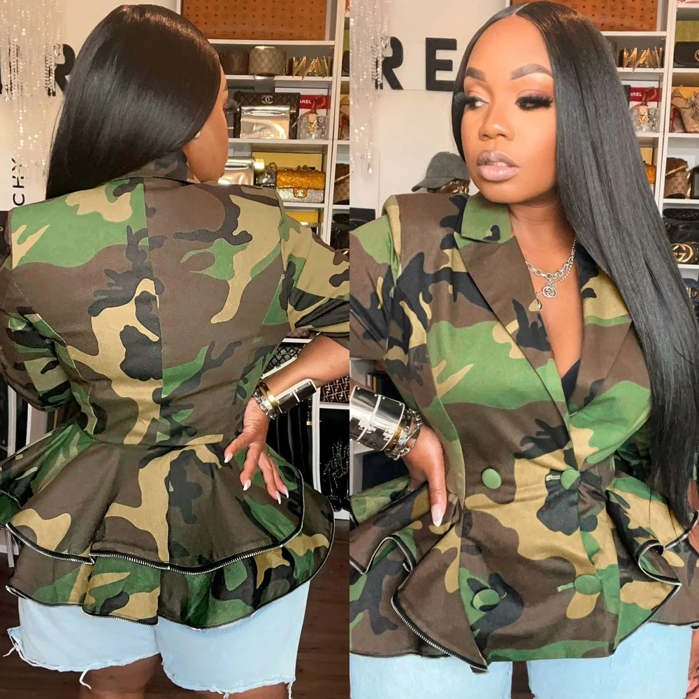 Camo Peplum Jacket for Women 2026 New Streetwear Fashion Military Inspired Ruffle Zipper Blazer Autumn Winter Outwear Short Coat