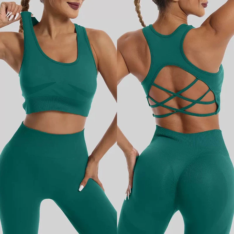 Yoga-Trainingsset für Damen, Rückenfreier Sport-BH mit Kreuzgurt, kombiniert mit Hüftstraffender und hochtaillierter Yoga-Fitnesshose – Detail 3