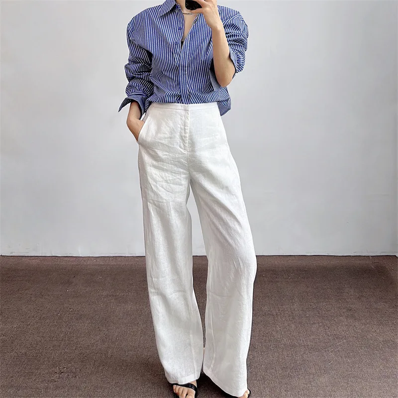 

High-end Women 100% Pure Linen Pants Summer 2025 New Loose Breathable Comfortable Thin High Waist Casual Straight Trousers