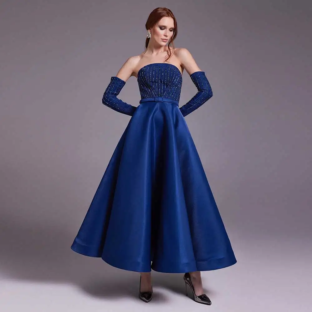 

Classic Solid Prom Gown Strapless Beading Pleated Backless Sash Tea-Length With Sleeves Gorgeous Short Party Evening Dress