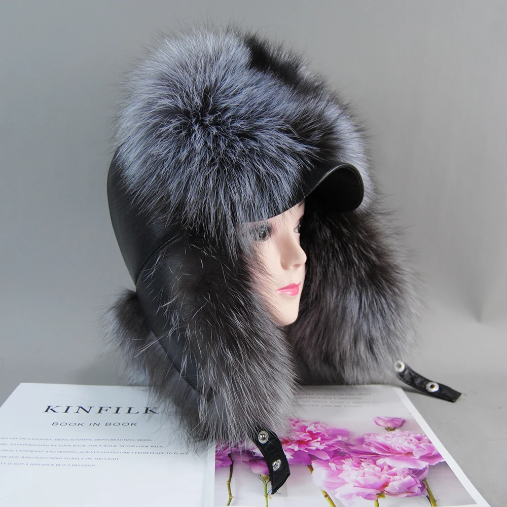 New Arrival Winter Women Genuine Fox Fur Hats 100% Natural Real Leather Cap Casual Warm Soft Russian Ladies Fox Fur Bomber Hats