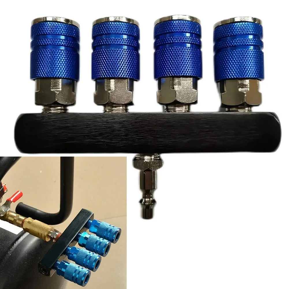 Aerospace Grade 1 4 inch 4 Way Air Manifold Aluminum Alloy 4 Outlet NPT Thread with Blue Knobs for Professional Workshop Use