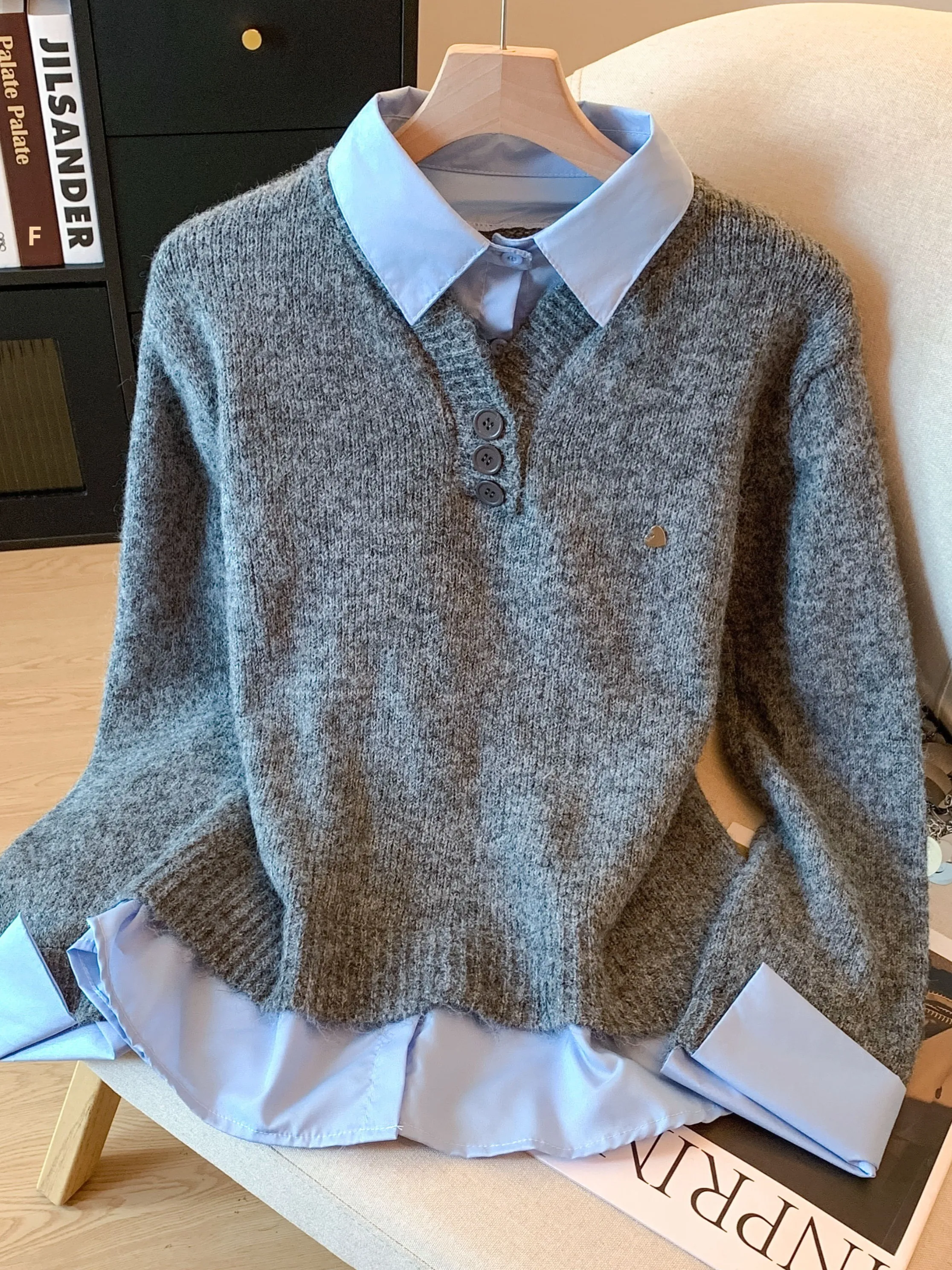 

Color Blo Knit irt Женский осенне-зимний дизайн Sense Уникальный топ Self-Kee Sle Длинный воротник све Обычный...