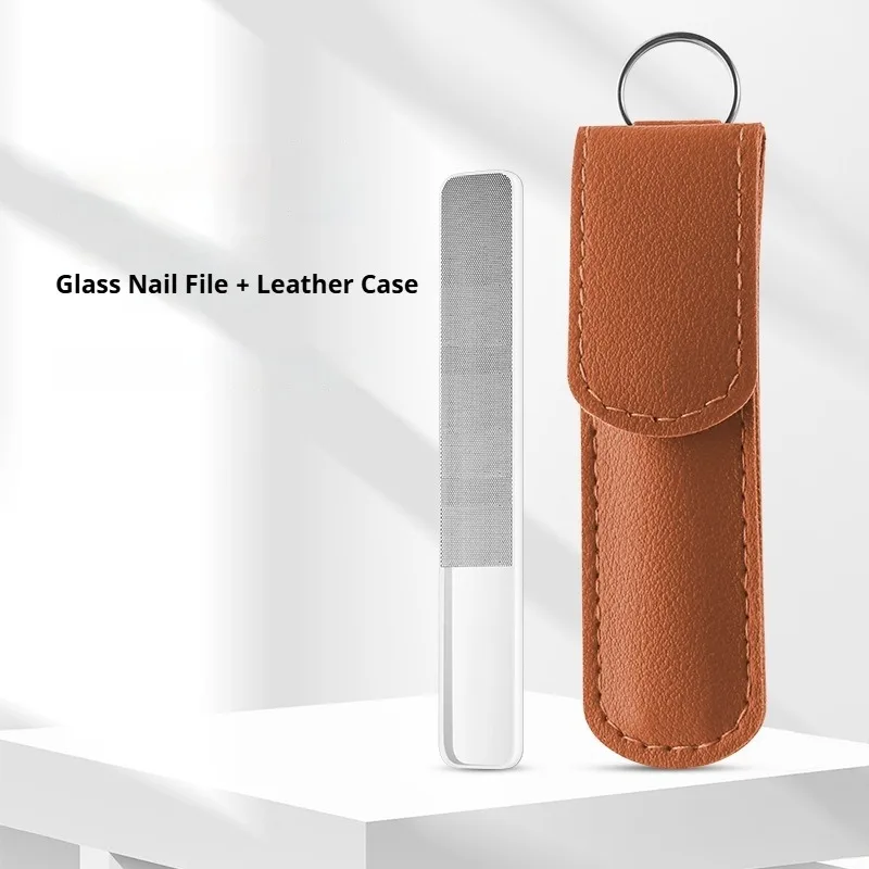 Professionele nano-glas nagelvijl transparant schuren polijsten slijpen nagelkunst manicure met lederen etui