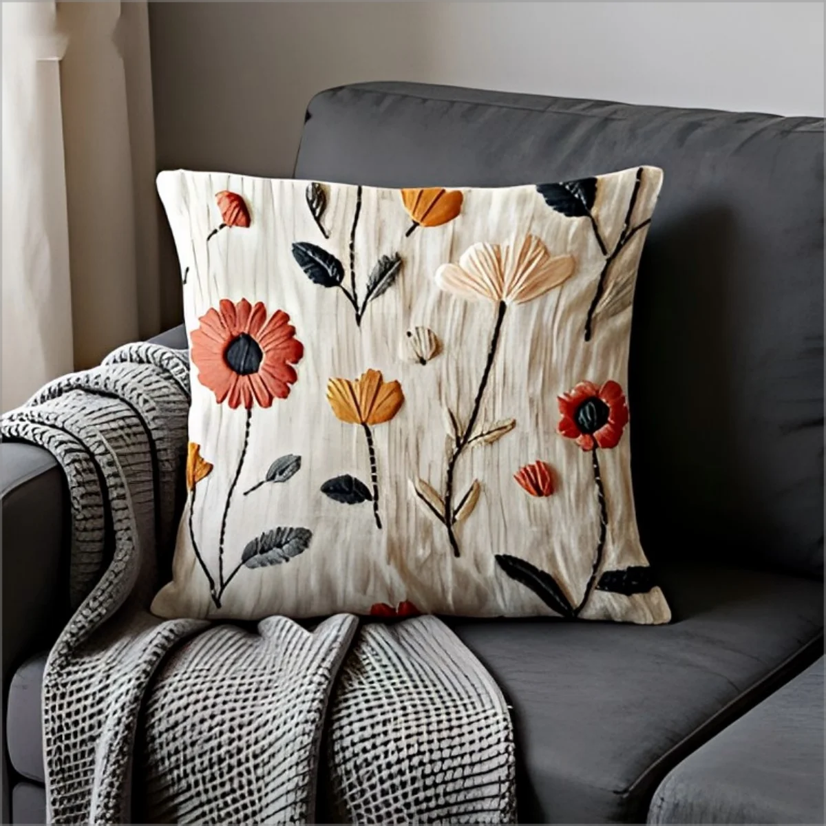 Boho Terracotta Floral Print Throw Pillow Cover, Faux Embroidery Style, Abstract Flower Botanical Decorative Cushion for Sofa