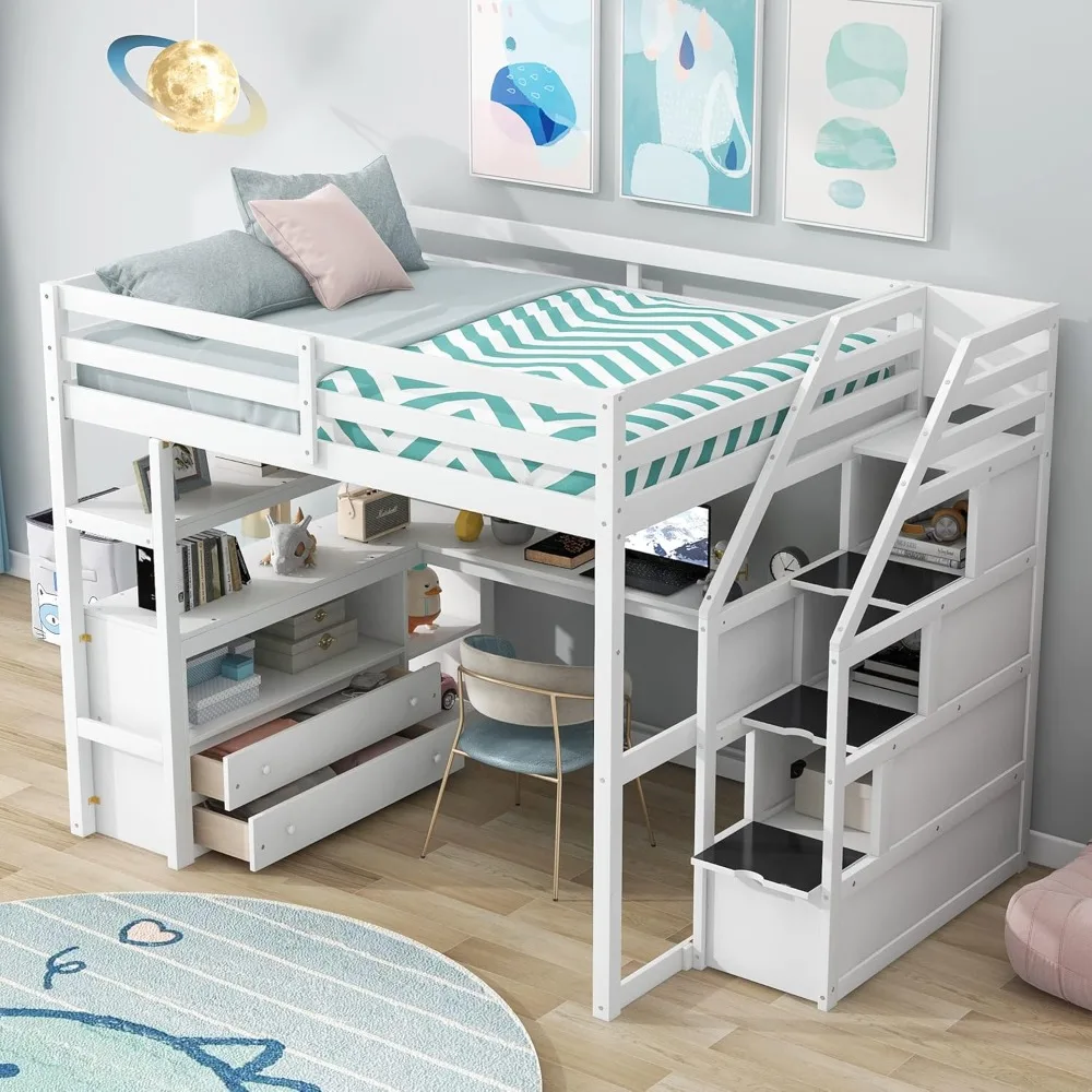 

Wooden Full Size Loft Bed with Stairs Storage, Desk, Shelves and Two Drawers, Sturdy Wood Bedframe High Loftbed witih Staircase