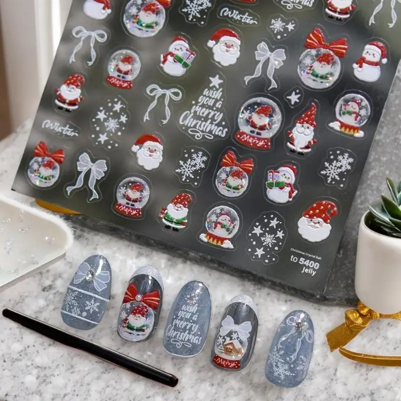 Festive Snowman and White Snow Crystal Ball Nail Art Stickers