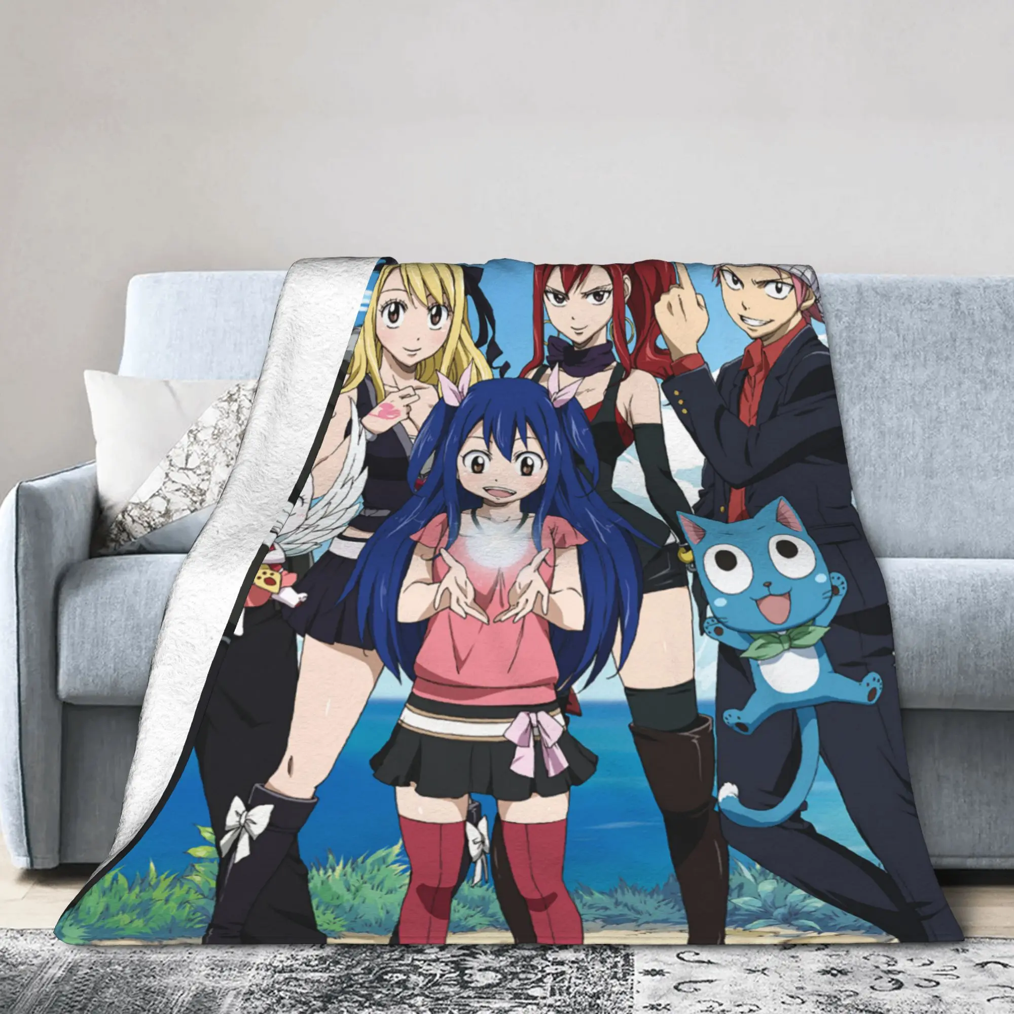 Erza Charles Natsu Wendy Flannel Blanket Anime Fairys Tails Fashion Throw Blanket for Bed Sofa Couch 150*125cm Bedspreads,