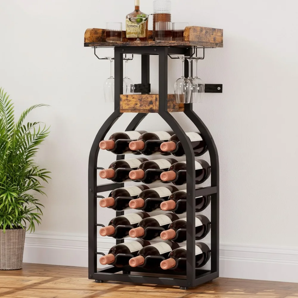 

Freestanding Wine Rack Floor Stand, 15 Bottle Storage Cabinet with Glass Holder for Kitchen Dining Living Room