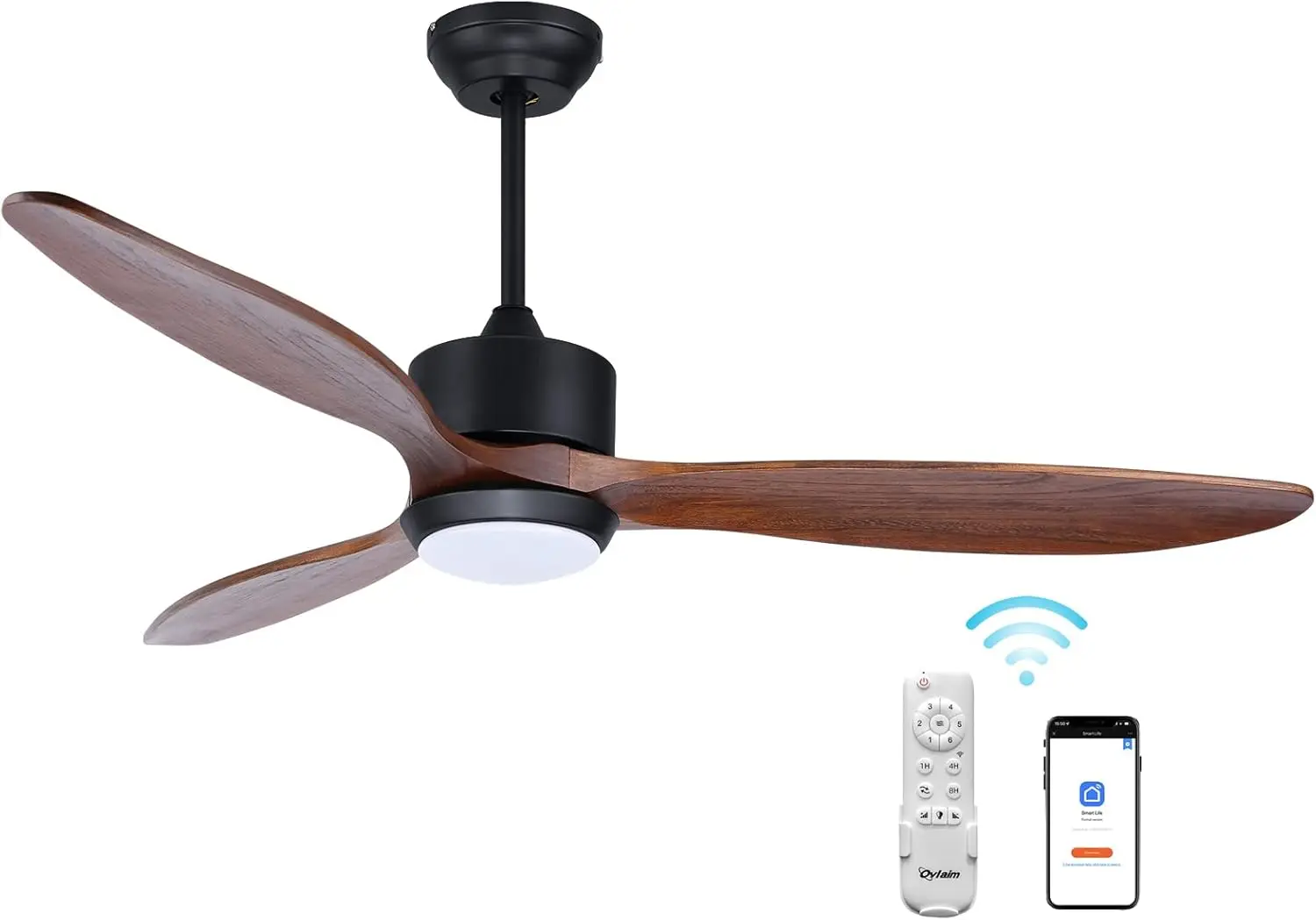 

52 Inch Solid Walnut Wood Ceiling Fans with Lights Remote Control, 3 Blade Propeller Smart Ceiling Fan for Bedroom