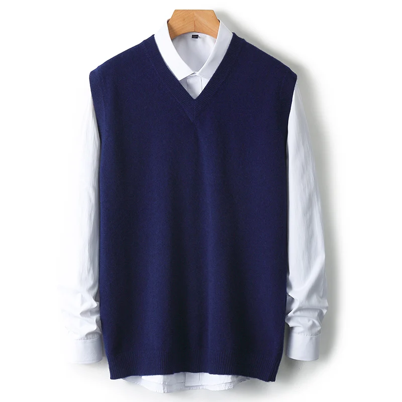 2024 autumn and winter new 100% pure wool men's V-neck sleeveless vest casual vest bottoming sweater.