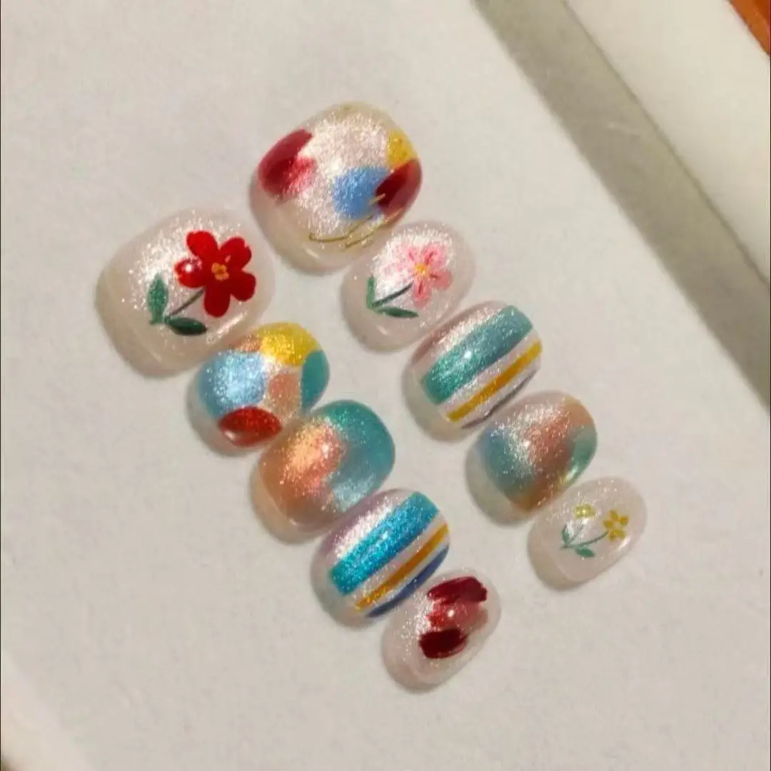 10Pcs Glitter Wearable Fake Handmade Nail Colorful Flowers Design Full Cover Nail Tips Short Square Press on False Nails Women