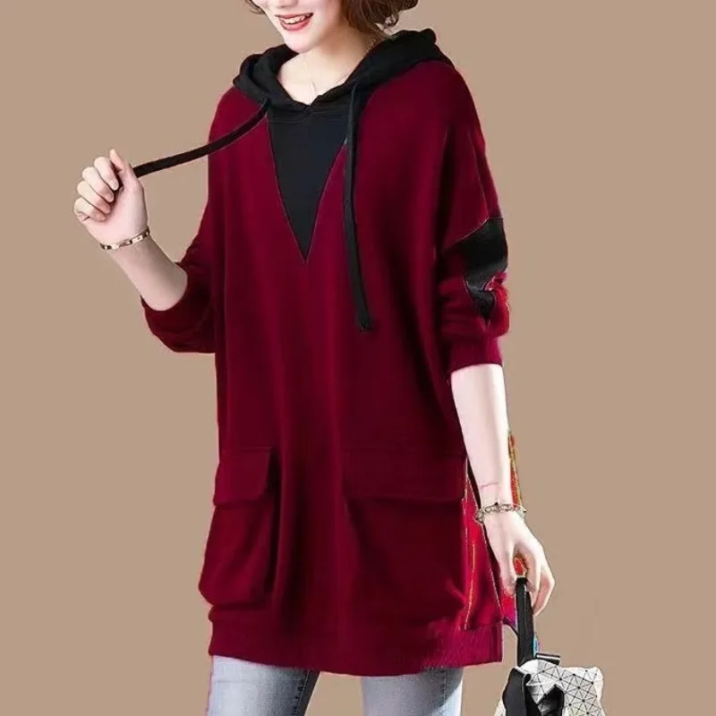 Autumn and Winter Women\'s Hooded Drawstring Patchwork Pockets Loose Solid Color Fashion Casual Elegant Commuter Long Sleeve Tops