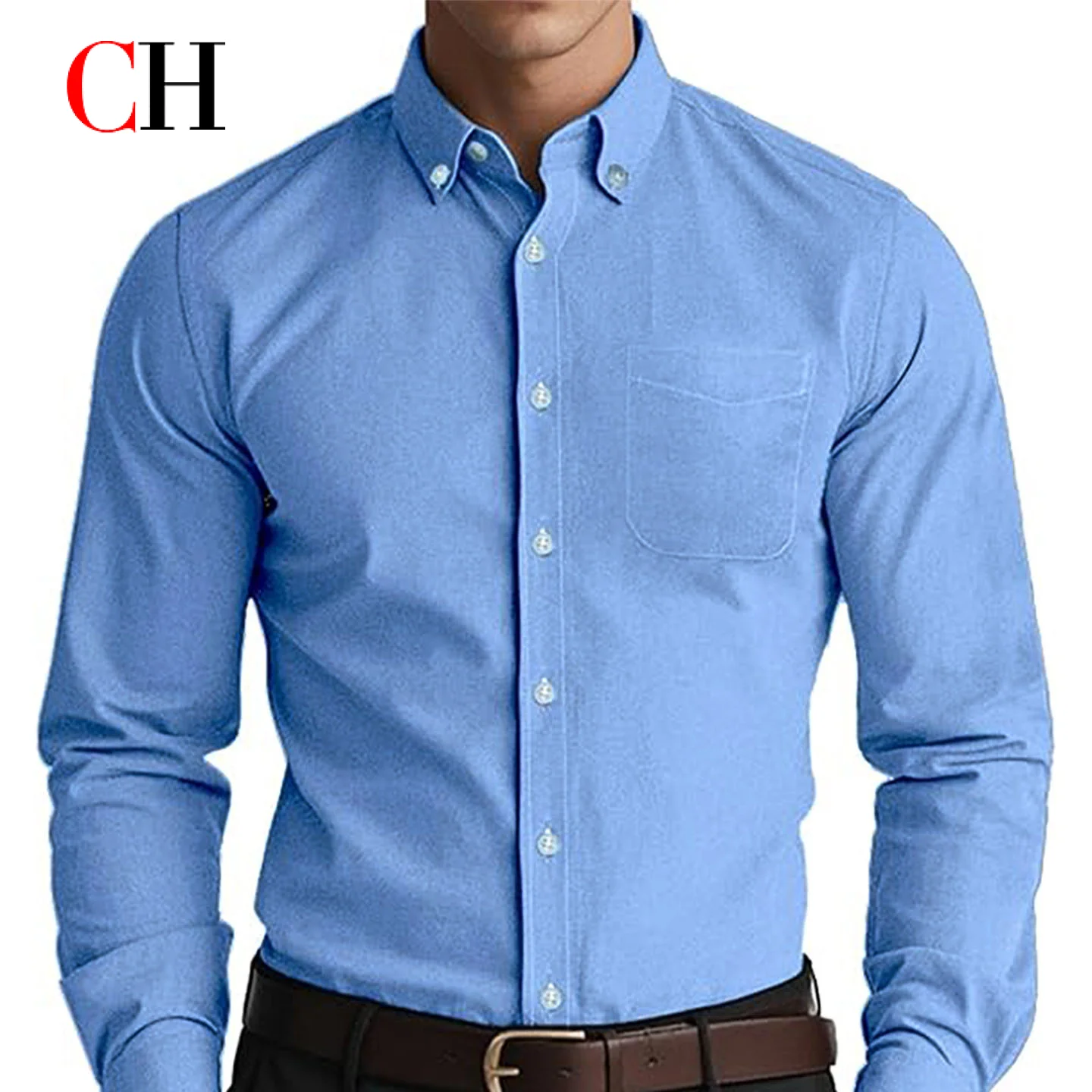 CH Long Sleeve Woven Shirt Button Down Neckline Single Chest Pocket Tailored Cut Versatile Business Daily Outer Top