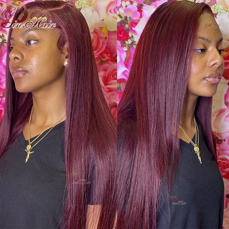 Burgundy 99J Lace Front Human Hair Wigs Pre Plucked Straight 13x4 Transparent Lace Frontal Wig Cherry Red Remy Human Hair 180%