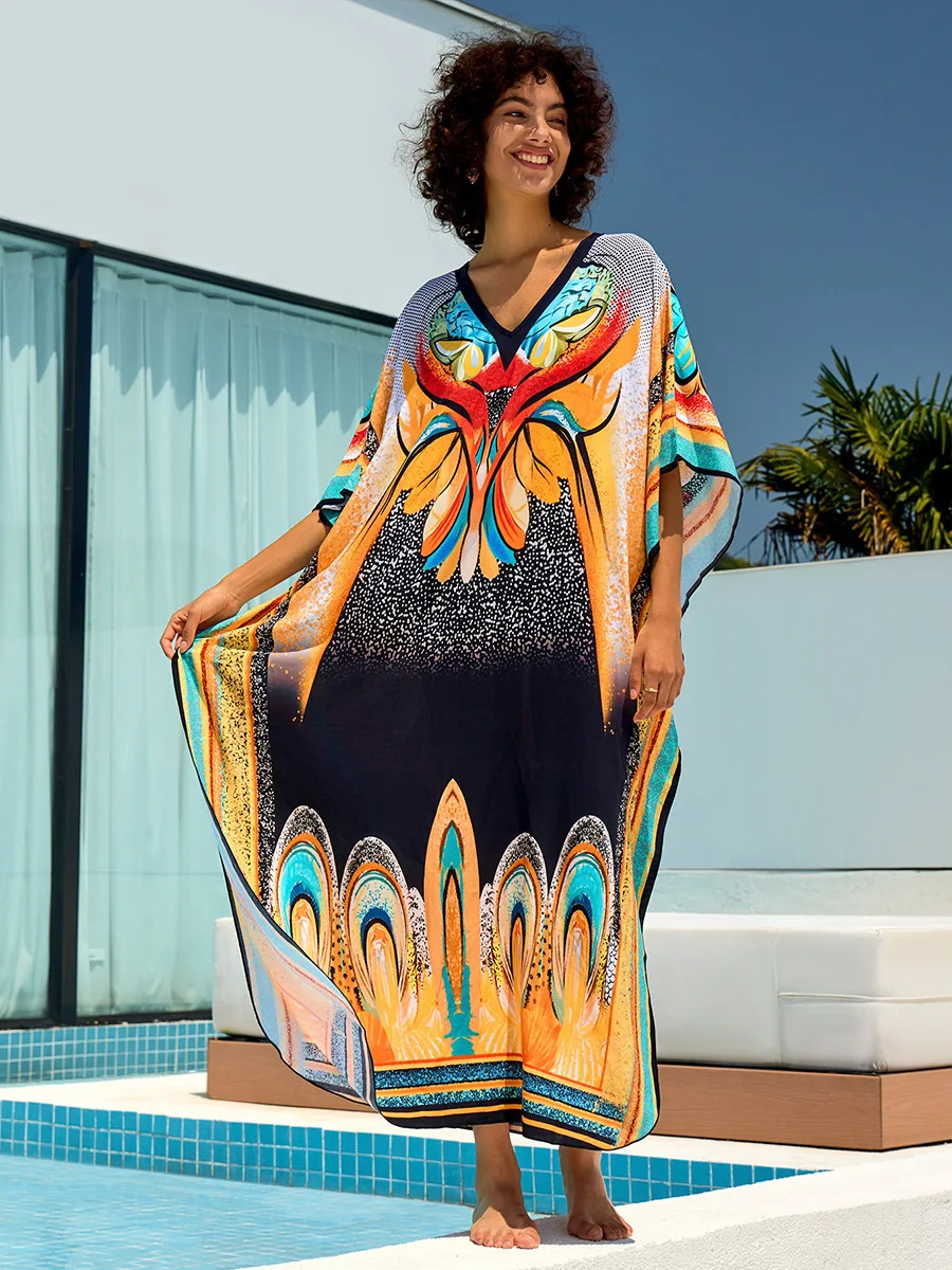 ชุด Kaftan PLUS ขนาด V คอแขน Batwing Beach COVER UP 2025 ฤดูร้อนพิมพ์ลายดอกไม้ Caftan DRESS