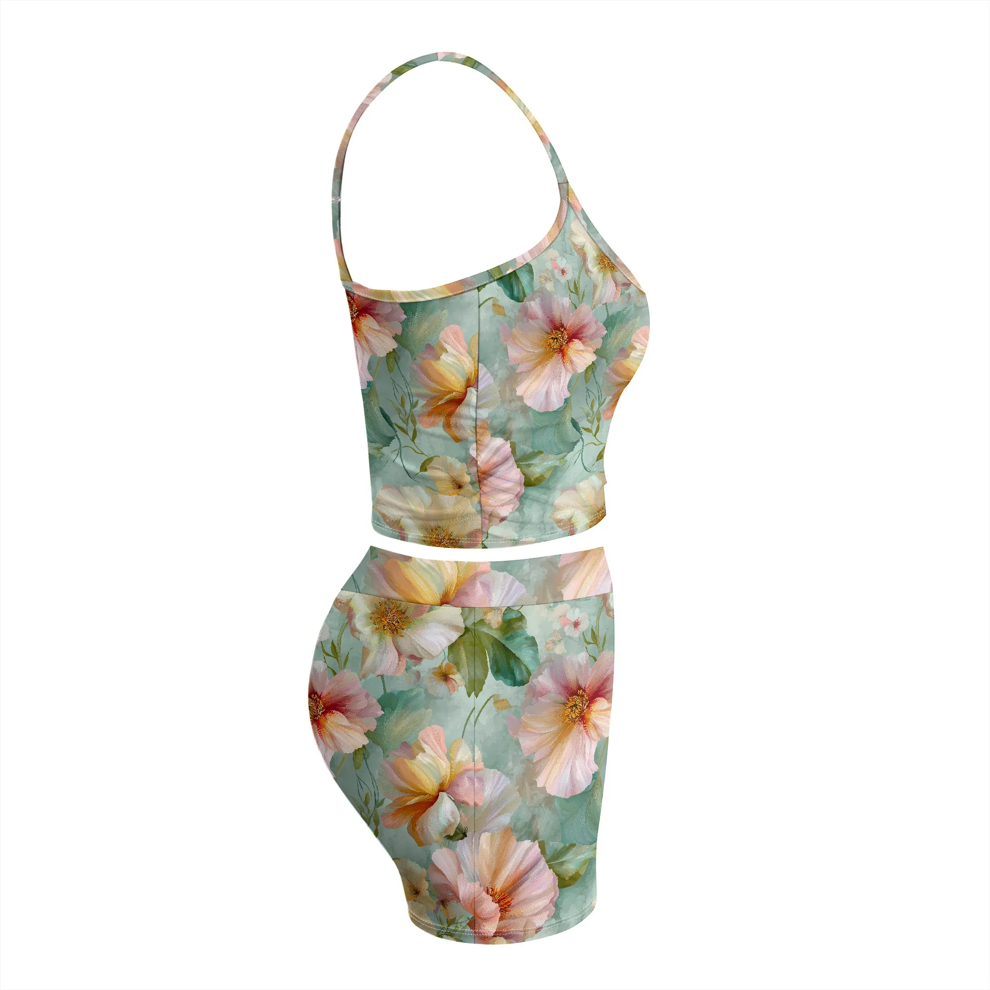 Floral Print Cami Set, Tropical Flower Tank Top And Shorts Outfit, Summer Beach Vacation Wear, S-2XL