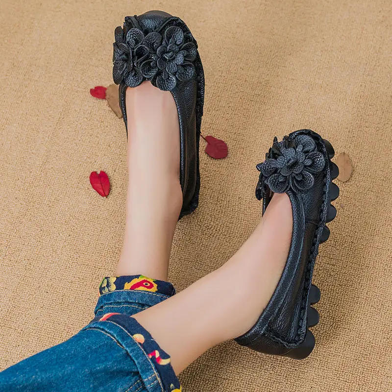 High Quality Retro Floral Ballet Flats Women\'s Shoes New Trend Loafers Ladies Genuine Leather Shoes Woman Sliders Soft Moccasin