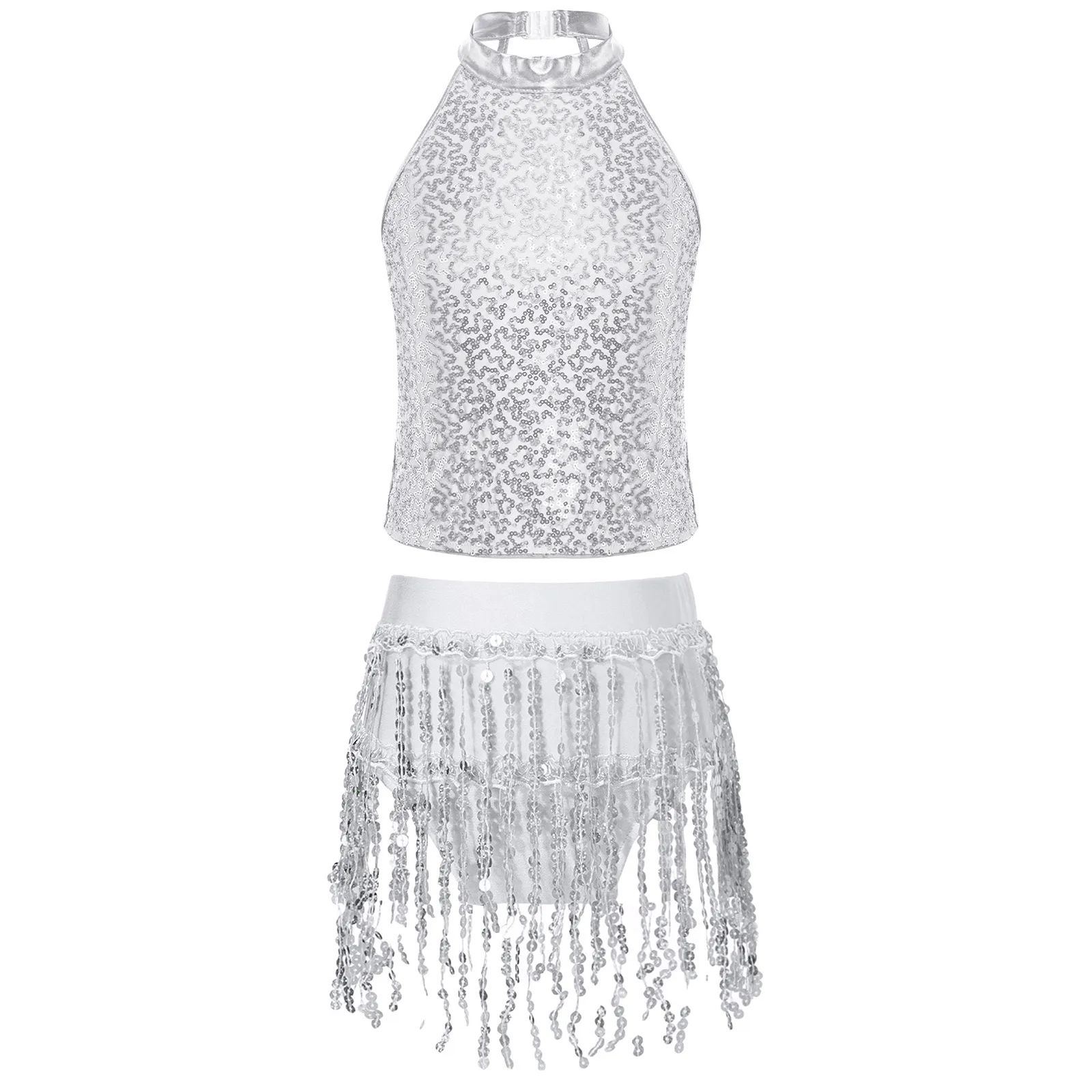 Lyrical Girls Gymnastics Jazz Dance Costumes Sparkling Halter Sleeveless Crop Top with Sequined Tassel Briefs Jazz Latin Outfit