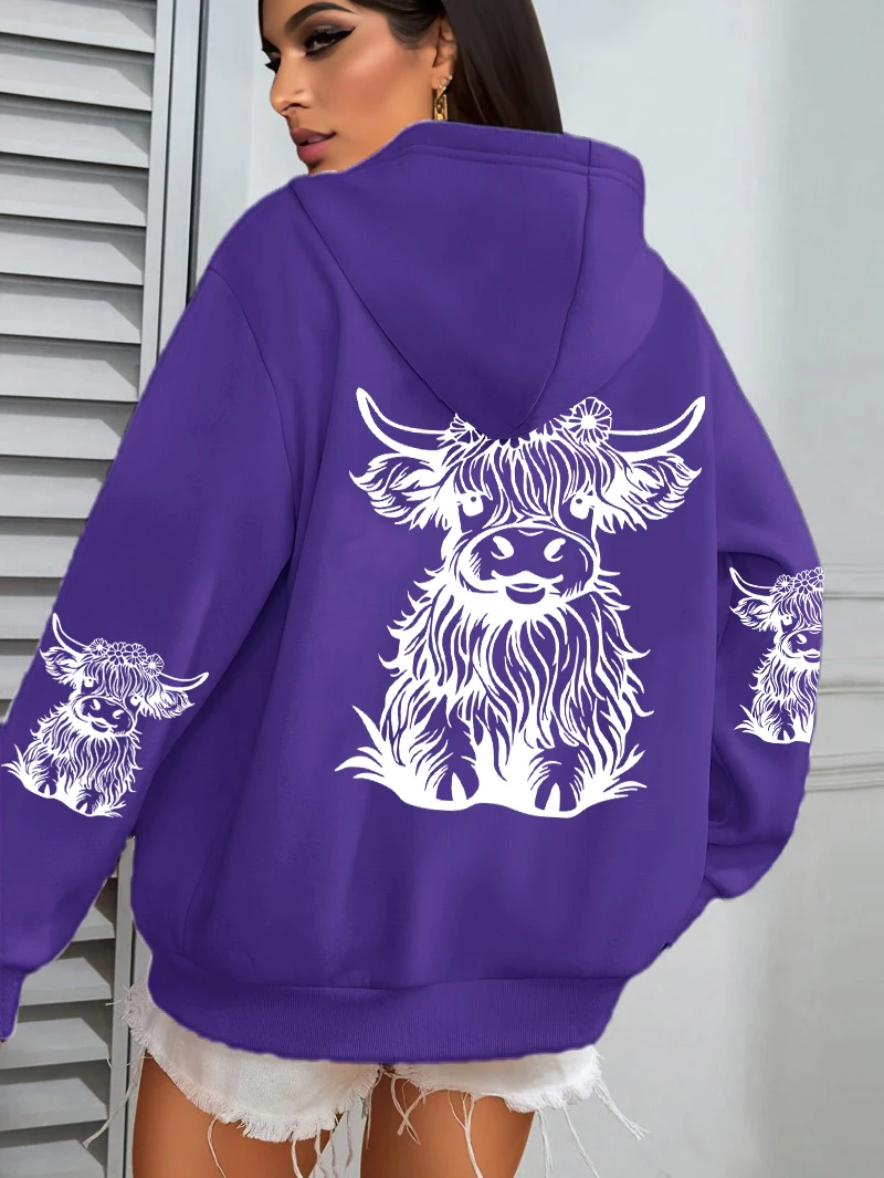 Niedliche Kuh-Haarmotiv-Kapuzenpullover mit Cartoon-Druck für Damen, Fleece-Herbst-Streetwear, bequemer lässiger Hoodie, Y2K-Taschen-Kapuzenpullover, vielseitig kombinierbar – Detail 6