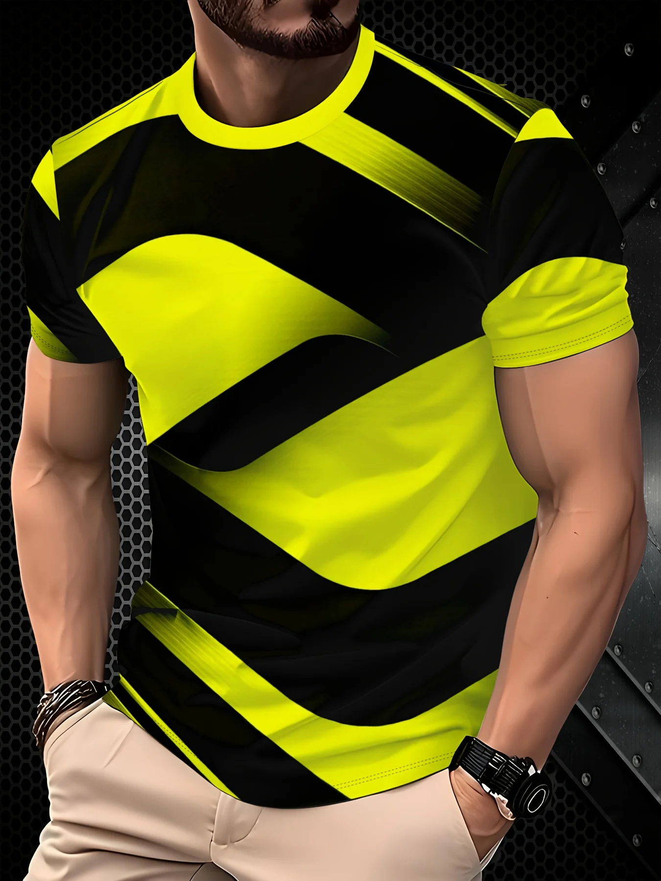 Men 3D Print T-Shirt Black Fluorescent Yellow Curved Stripe Geometric Graphic O Neck Short Sleeve Casual Summer Streetwear Tee