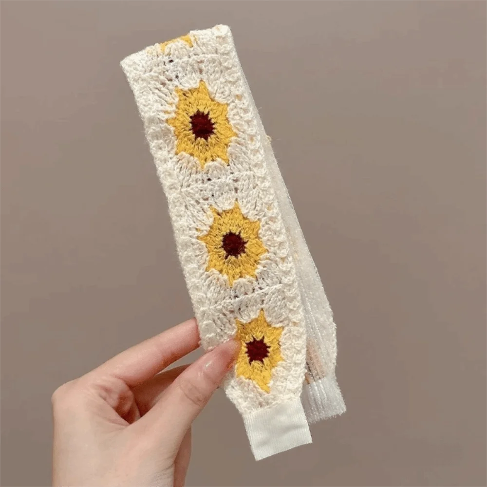 

Bohemian Style Knitted Hairband Embroidered Flowers Candy Colors Magic Tape Hairband Adjustable Forehead Hair Strips