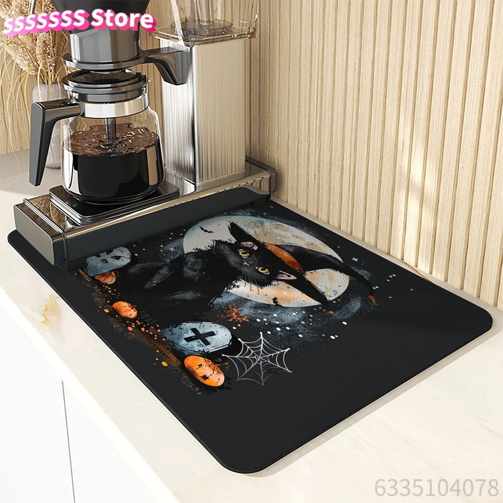 Halloween Kitchen Mat: Black Cat, Moon, Witch Hat, Spider Web, Gravestones, Pumpkins, Absorbent, Rubber Back, Drying Rack for K