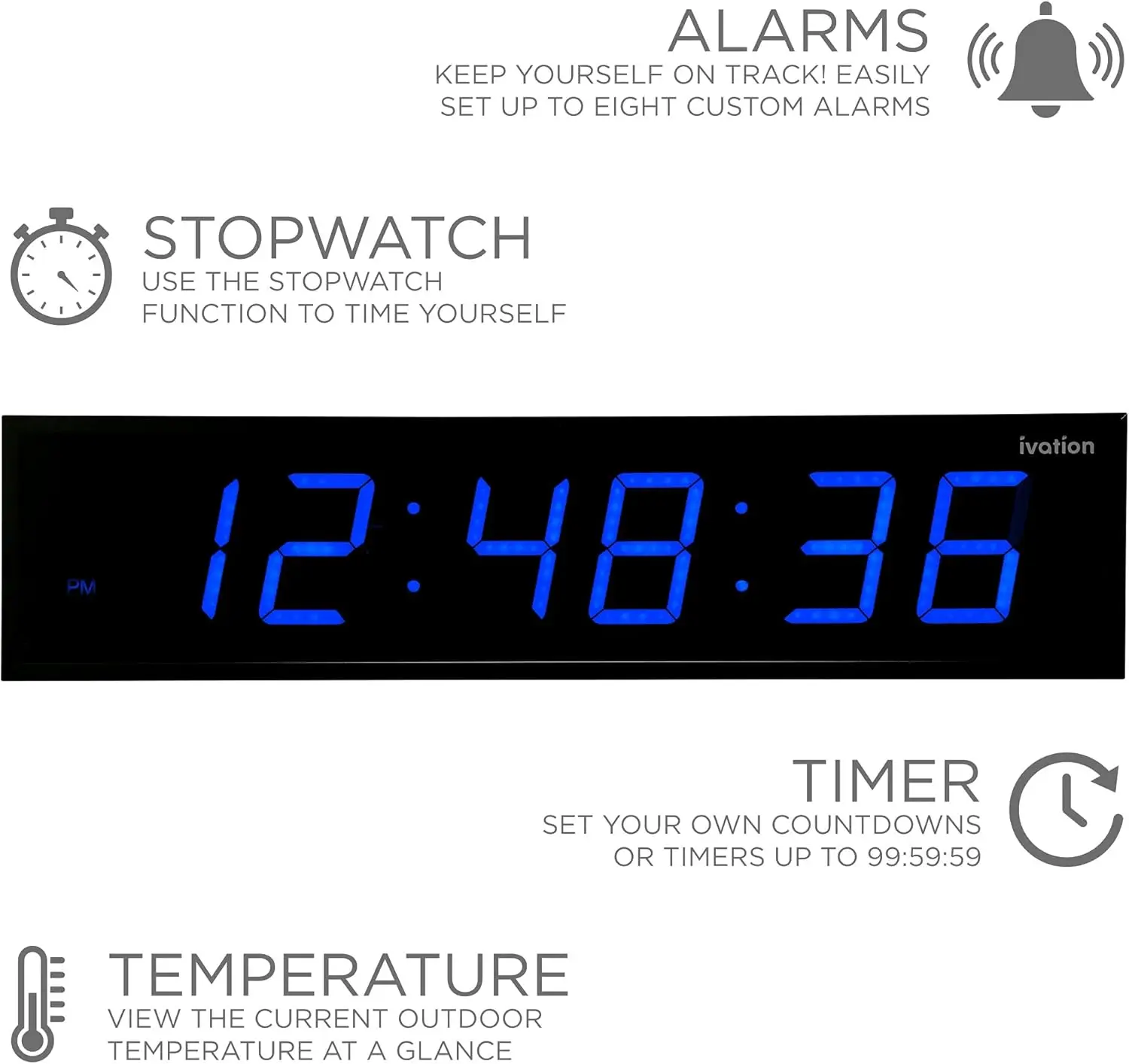 ساعة LED رقمية كبيرة الحجم مقاس 36 بوصة |   ساعة رقمية كبيرة مع شاشة عرض متعددة الوظائف – ساعة توقيت، مؤقت، منبه، درجة الحرارة والتاريخ
