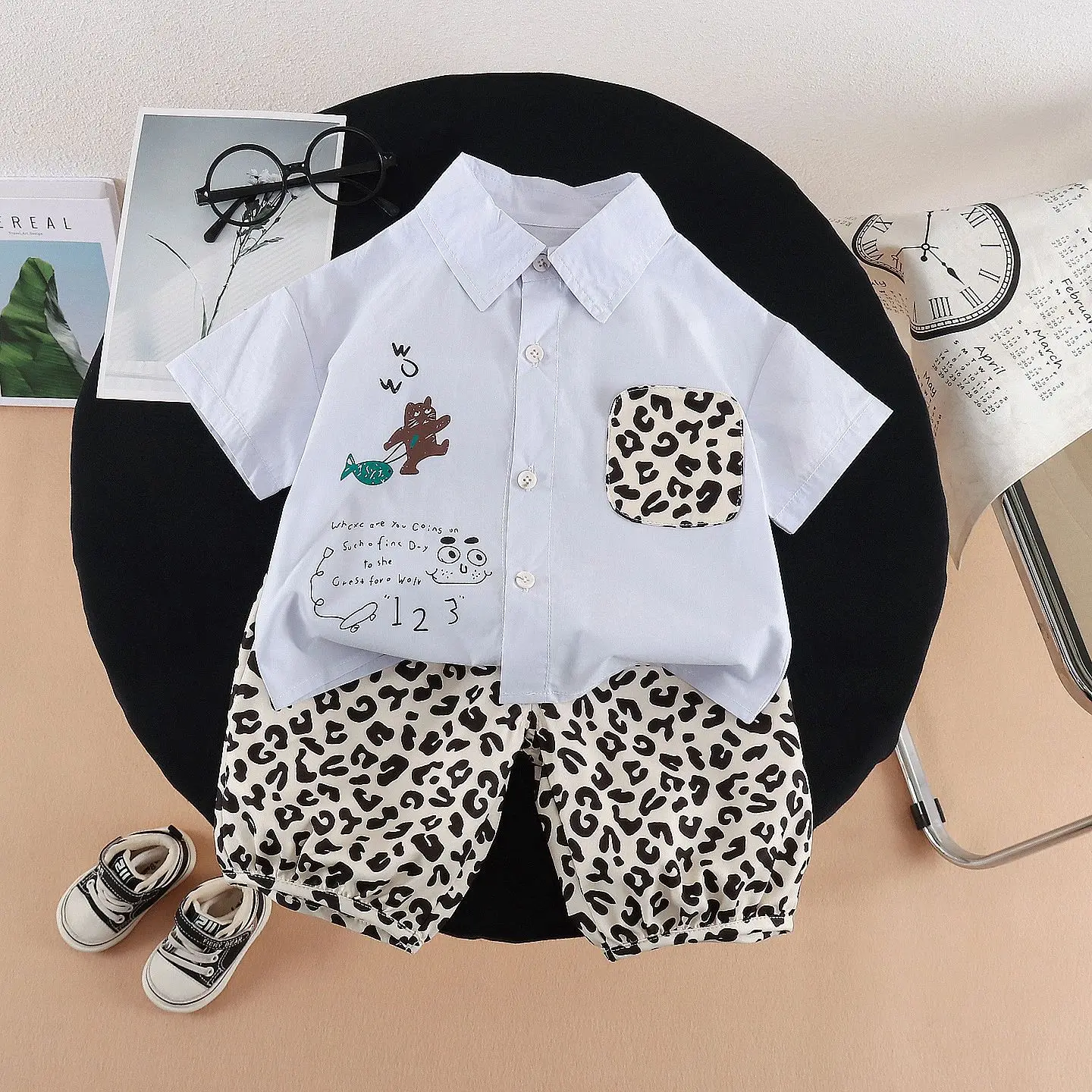 Toddler Boys Summer Outfit Kids 2PCS Set Leopard Pocket Cartoon Print Turn-down Collar Shirt and Elastic Waist Shorts Daily Wear