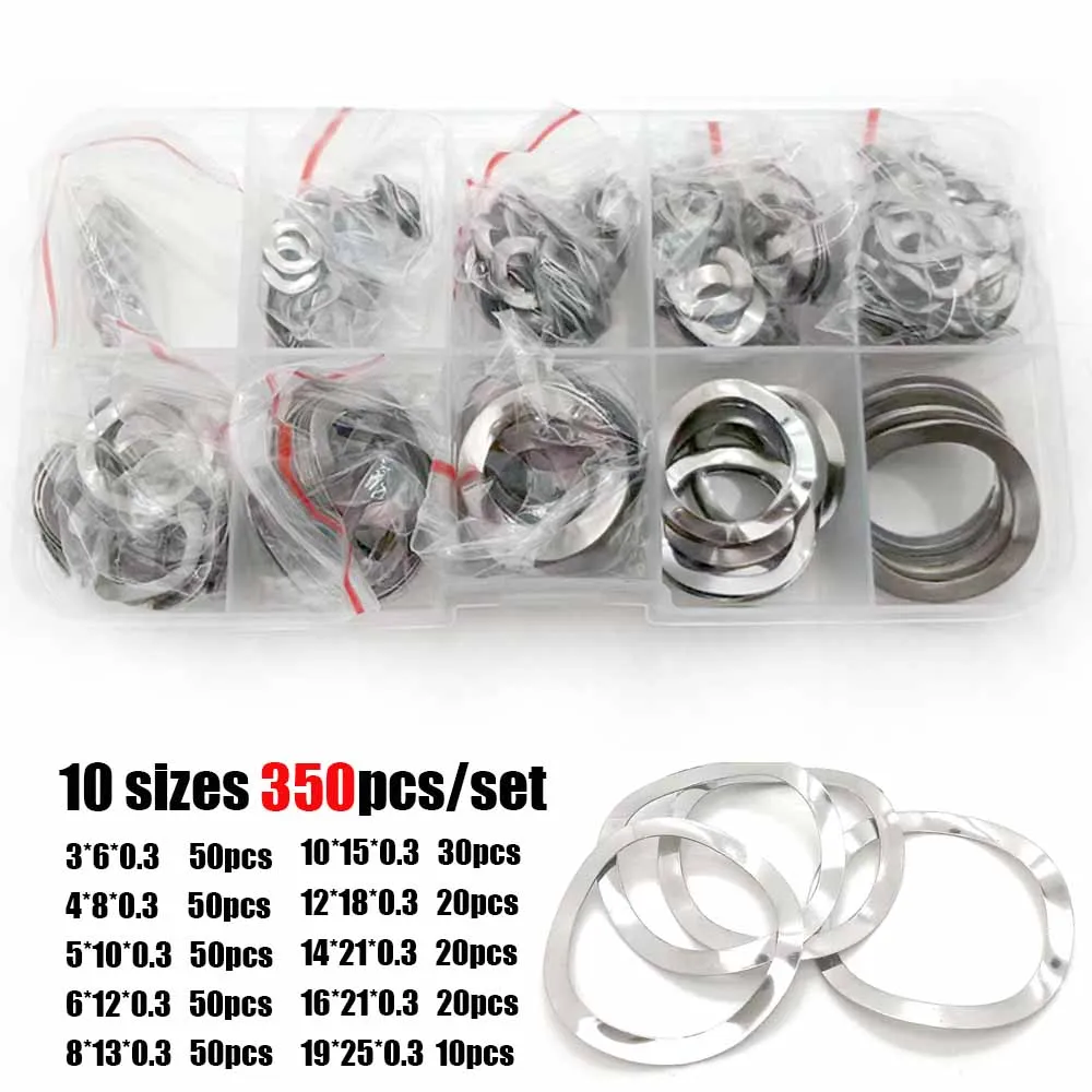 1Box 350pcs/set M3 M4 M5 M6 M8 M10 M12 M14 M16M19 304 Stainless Steel Three Wave Crest Type Spring Washer Gasket  Assortment Kit