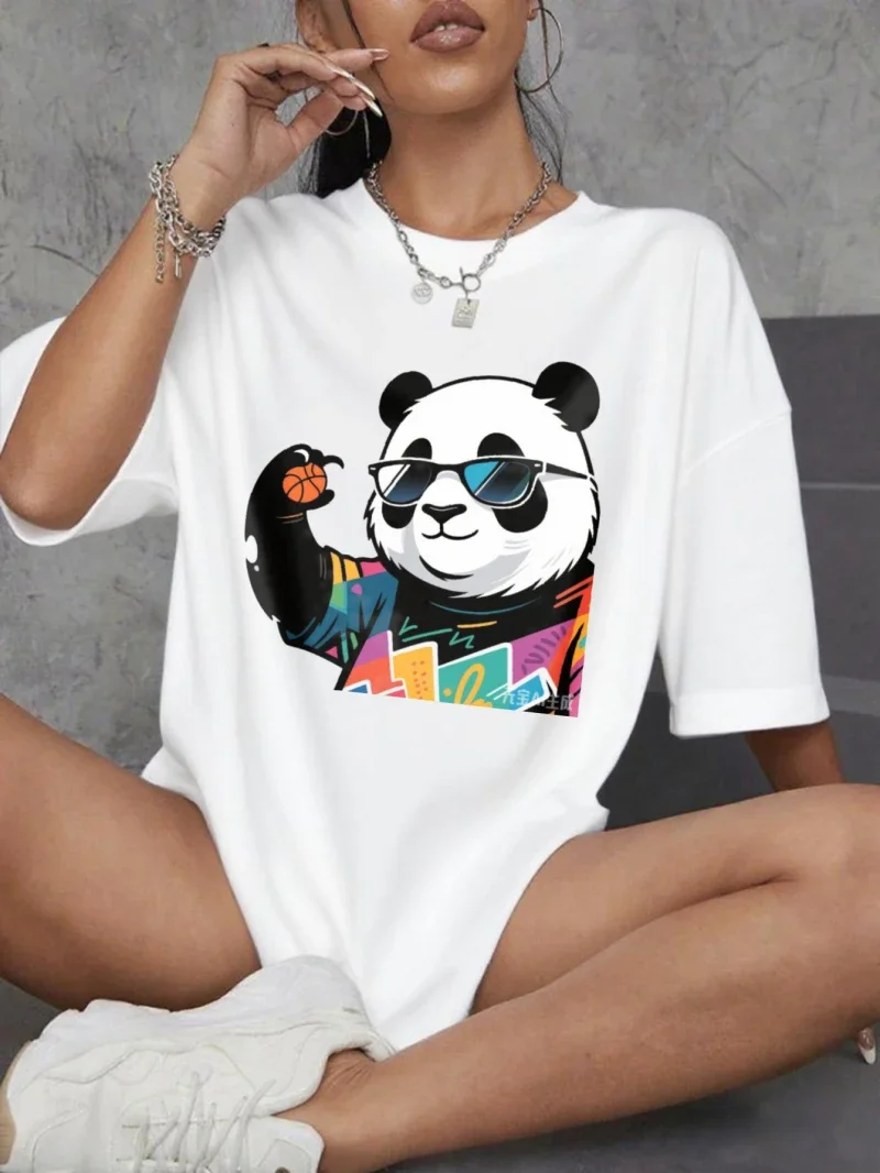 

Women's Short-sleeved T-shirt Fashionable Panda Style Graffiti Print Round Neck Loose Couple Style Summer Top Women's Clothing