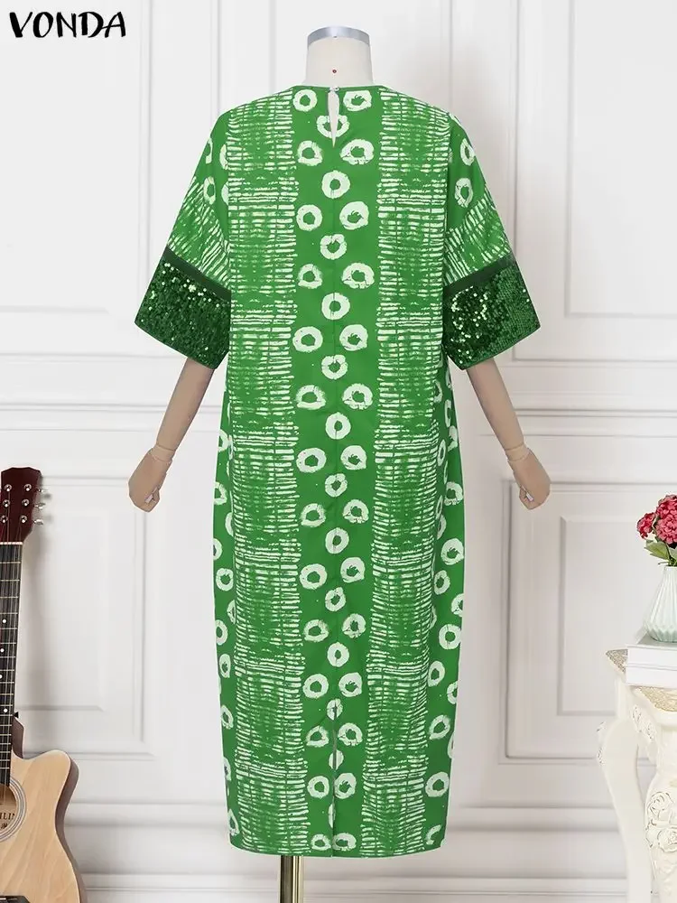 فوندا المرأة حجم كبير البوهيمي فستان طويل الترتر المرقعة ماكسي فيستدوس الخامس الرقبة الطباعة عادية خمر الخريف فضفاض رداء الحفلات