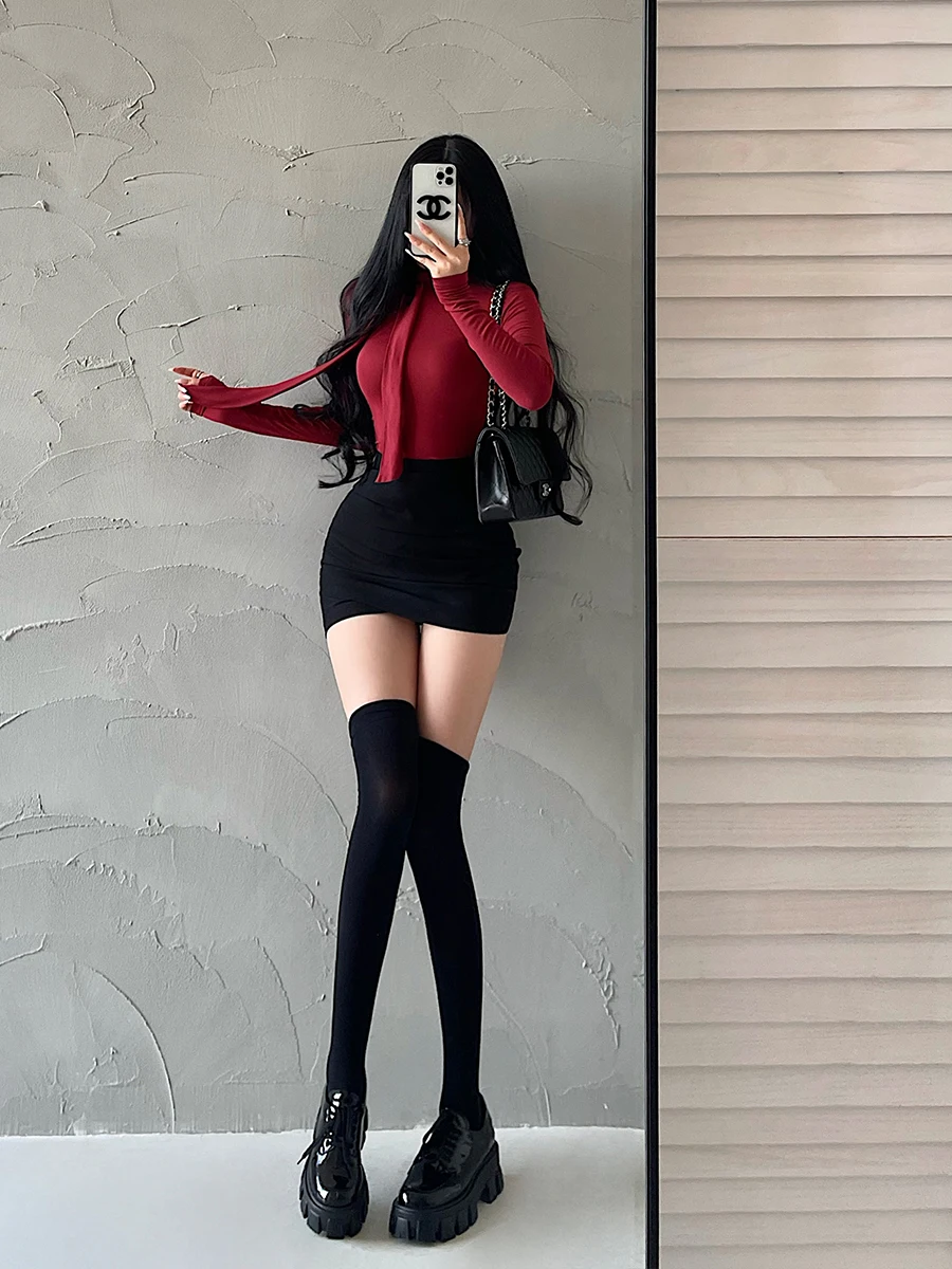 Pure Desire High Waist Slimming Short Skirt with Safety Pants Anti-Light Walking Sexy Folded Bodycon  Skirt for All Seasons