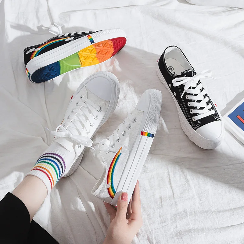 2023 Woman Canvas Shoes Flats Platform Sneakers Rainbow Lace-Up White Shoes Ladies Casual Shoes Female Sneakers Comfort Zapato