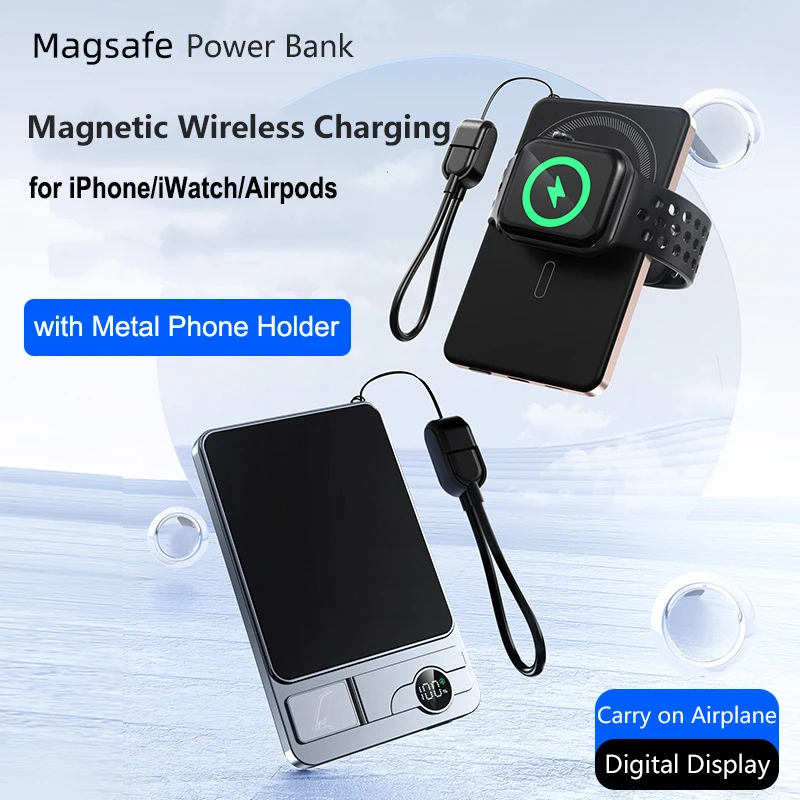 

3 in 1 Magnetic Power Bank Wireless Fast Charger with Stand Portable External Battery for Magsafe For iPhone 16 iWatch Airpods