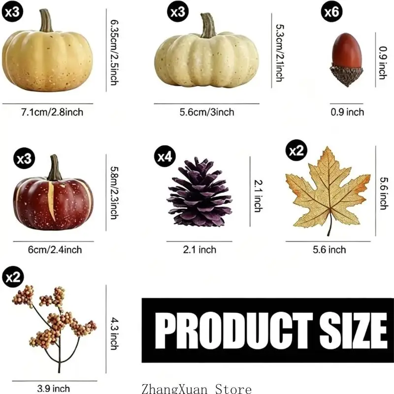 Saisonales Arrangement-Set für den Innenbereich mit künstlichen Kürbissen für die Regalpräsentation 3XUF – Detail 6