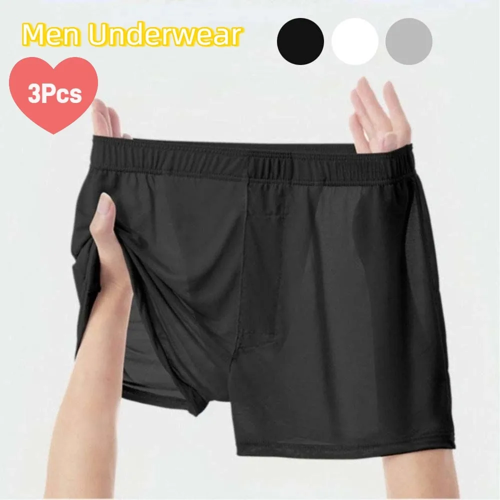 

3Pcs Elastic Ice Silk Men's Flat Panties Mid Waist Large Size Thin Boxers Shorts Underpants Seamless Men's Underwear Gifts