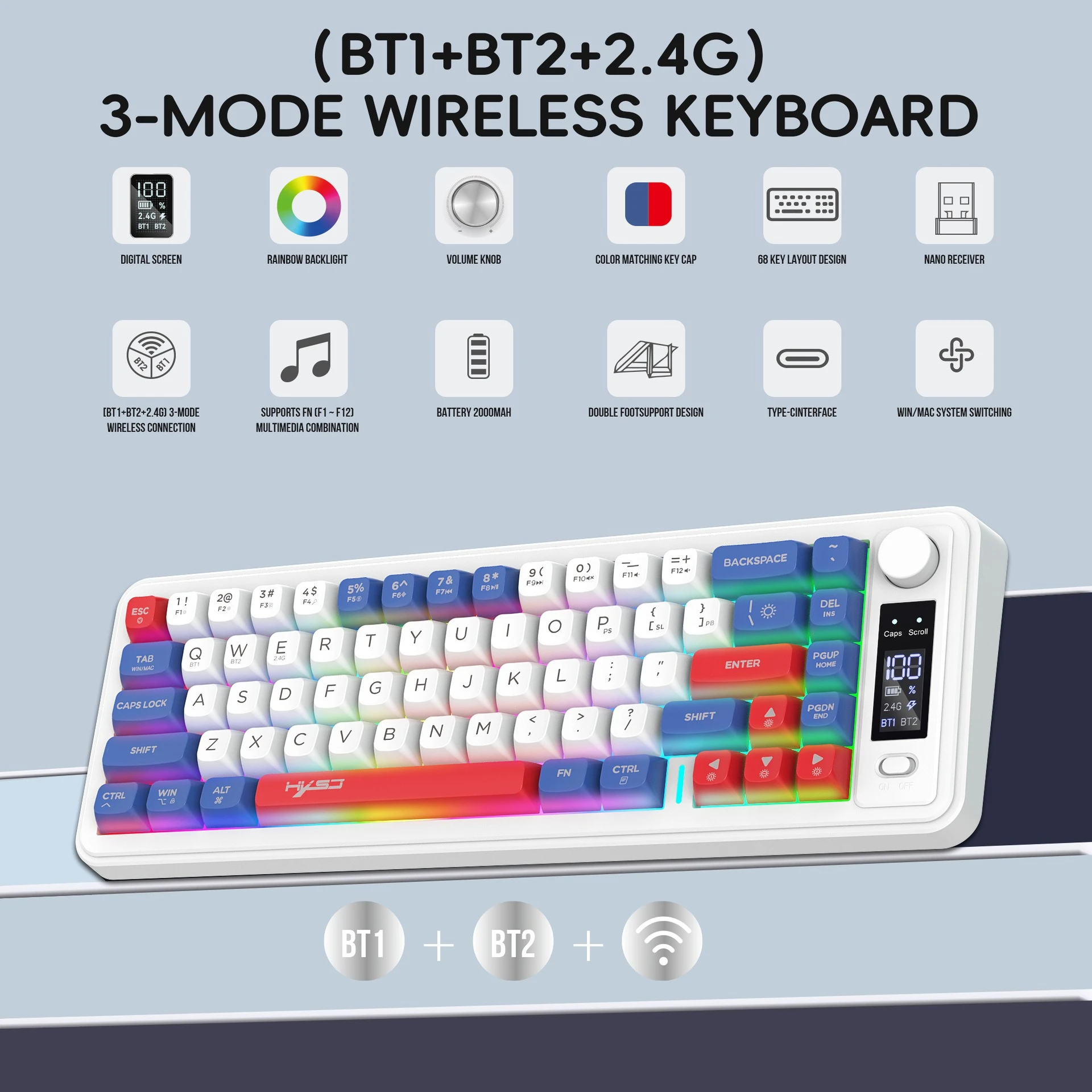 Teclado de membrana sem fio bluetooth 65% mudo abs bola boné compacto colorido backlight jogo e-sports escritório teclados de ordenador