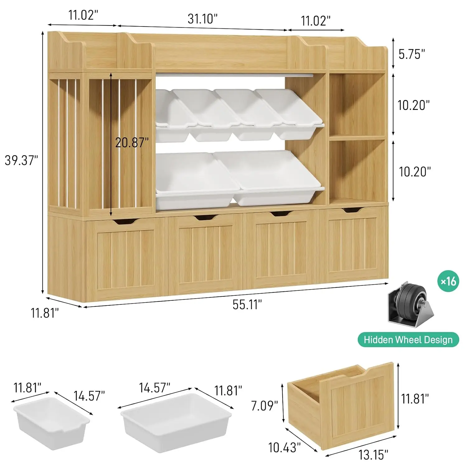 Kids Bookshelf Storage Cabinet with Movable Drawers, Wooden Toy Organizer for Kids Room & Nursery, Oak, Customized